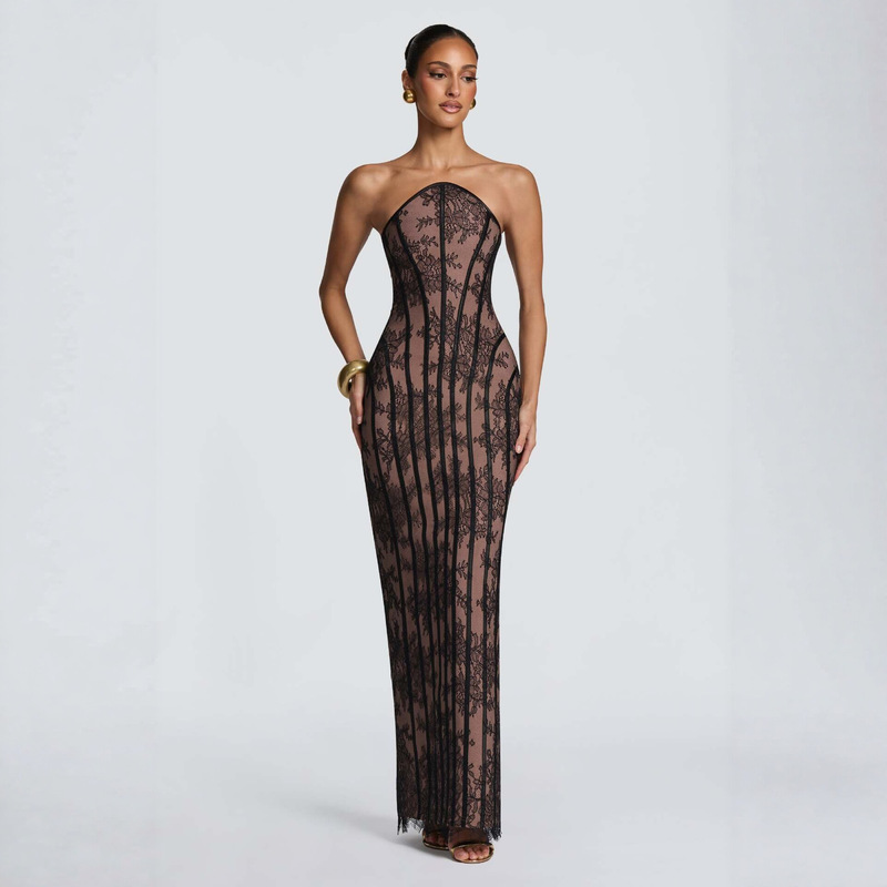 European and American style strapless lace long dress, strapless, sheer lace, slim fit, bodycon, for banquets and parties European and American style strapless lace long dress, strapless, sheer lace, slim fit, bodycon, for banquets and parties