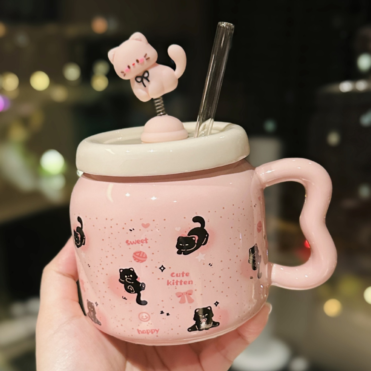 Creative Design Spring Kitten Ceramic Mug with Lid Cute Household Milk Oatmeal Cup Cartoon Cup Souvenir