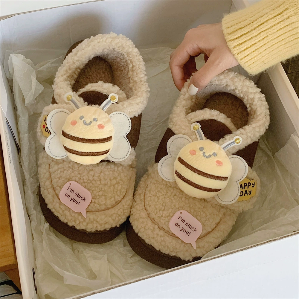 Детские хлопковые тапочки с мультяшными милыми маленькими пчелками для девочек теплая уличная хлопковая обувь из ягненка на флисовой подкладке осень и зима