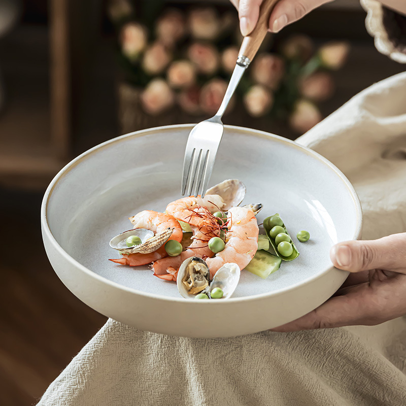 Plato de cerámica mate, platos de ensalada retro, platos redondos, platos de sopa, platos domésticos, platos al por mayor, platos de platos