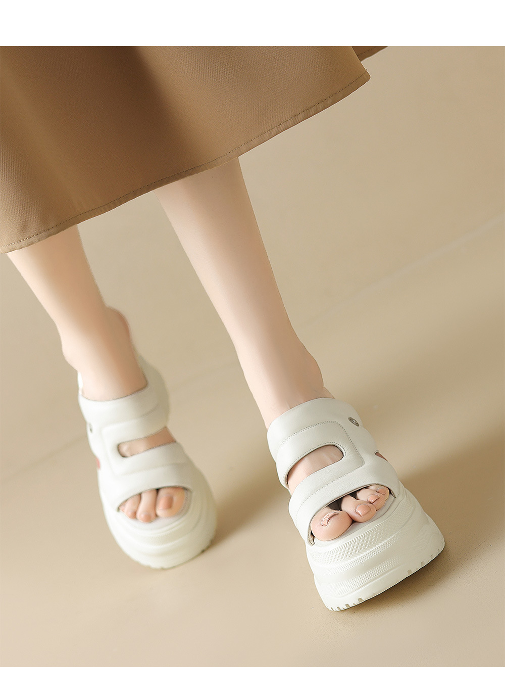 Dép sandal cao gót nữ hở mũi quai ngang da thật đế dày — Màu đen, Màu trắng chi tiết 5