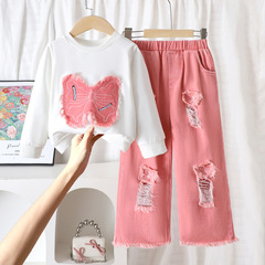 Children's clothing跨境欧美女童蝴蝶白色长袖卫衣+粉色长裤