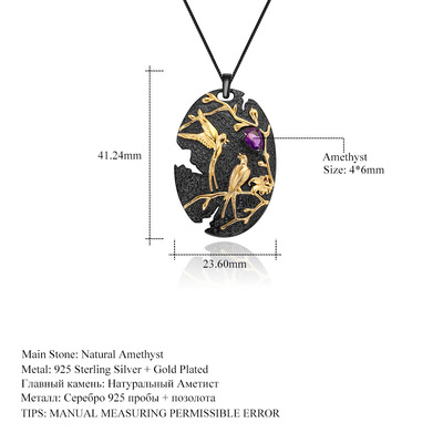 designer senior MAK Pendant Magpie design 925 electroplate natural amethyst Necklace Pendant