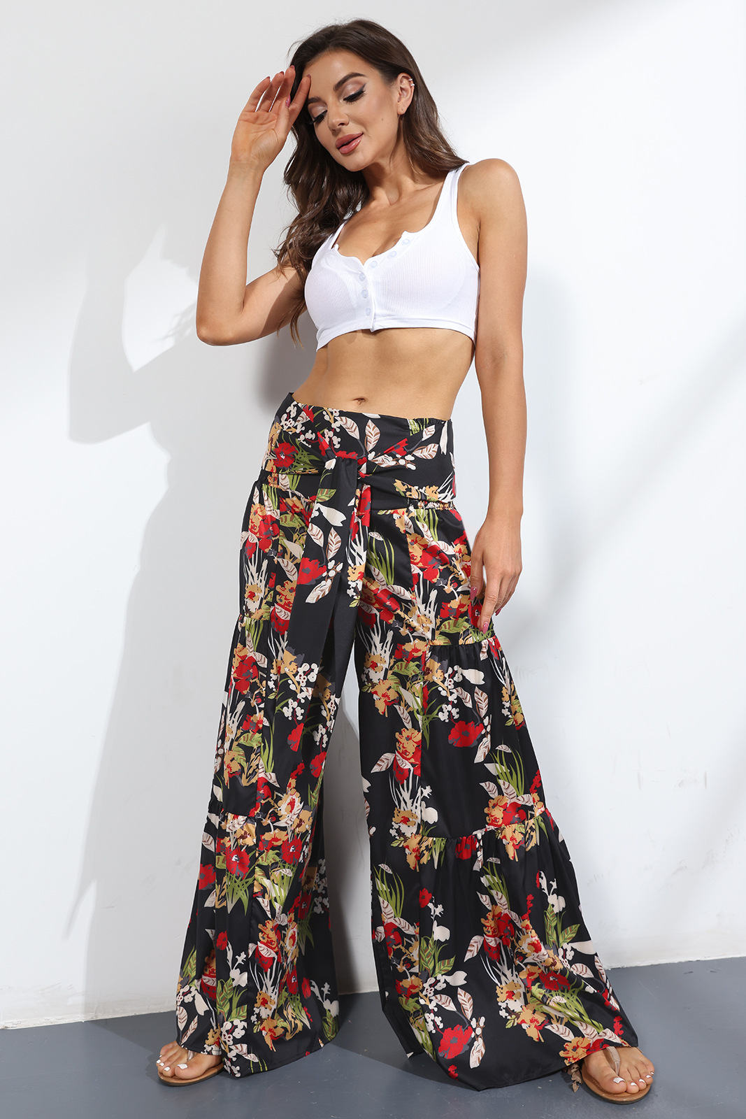 printing loose high waist flared wide-leg pants-Multicolor NSMDF131107