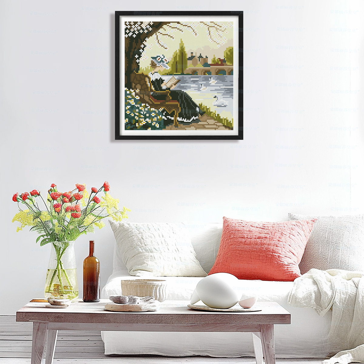 Mona Lisa real punto de cruz junto al lago tiempo de lectura tranquila nueva sala de estar simple sala de estudio pintura decorativa bordado de hilo hecho a mano image 2
