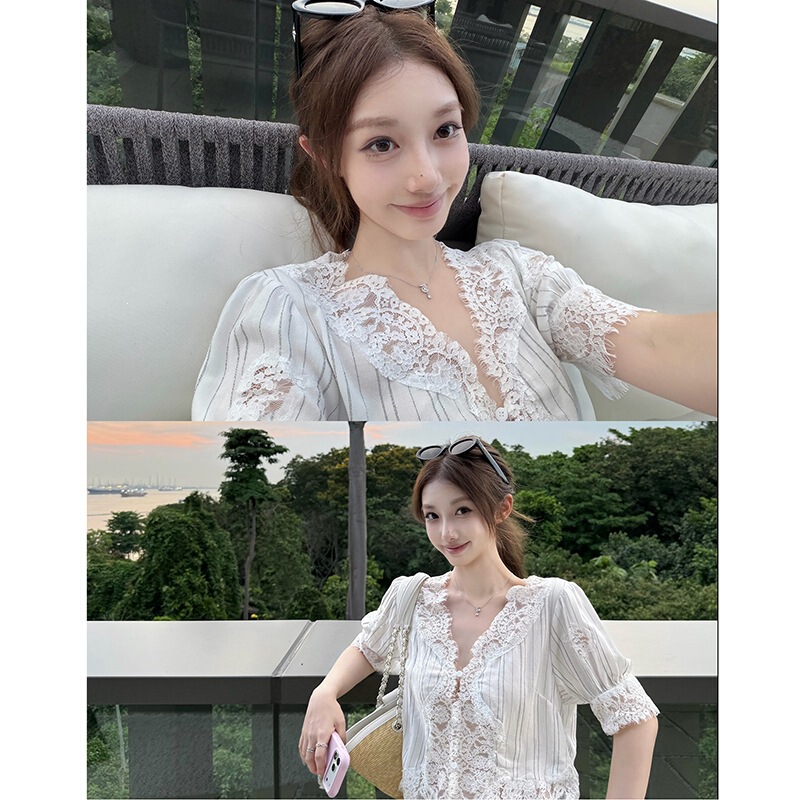 Original design! French-style sweet and delicate heavy lace V-neck short-sleeve shirt for women, summer white thin top Original design! French-style sweet and delicate heavy lace V-neck short-sleeve shirt for women, summer white thin top