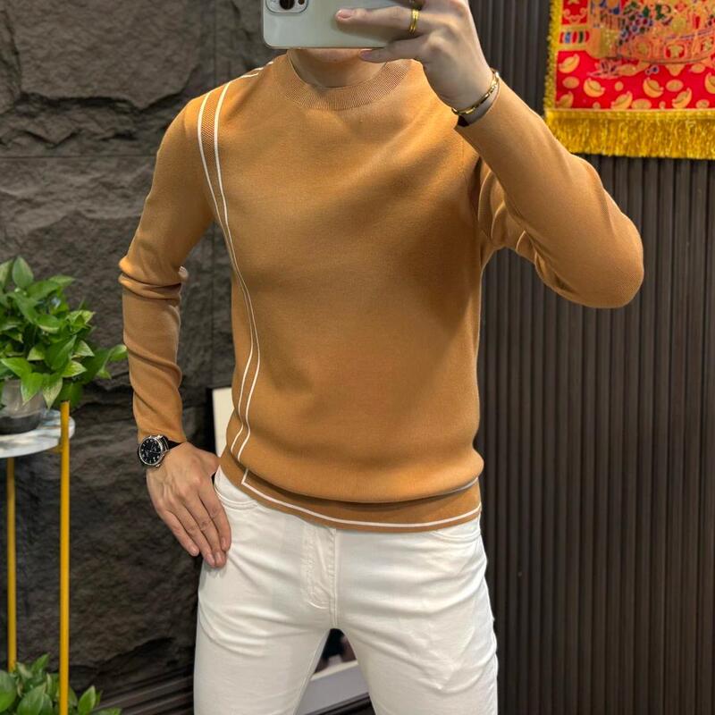 Autumn and Winter Color Contrast New Arrival Striped Light Luxury Round Neck Sweater Simple All-Match Fashion Slim-Fit Men's Sweater Long-Sleeved Trendy