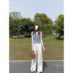 夏轻熟御姐高级感巨好看小香风蓝色格子马甲背心直筒裤两件套装女