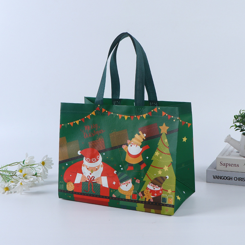 Bolso de Navidad de punto transfronterizo, bolsa de embalaje de regalo, bolsa no tejida laminada en caliente plegable portátil personalizada