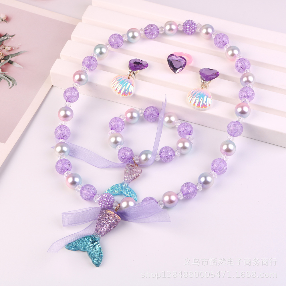 Children's Necklace, Beauty, Fish Tail, Pearl Necklace, Bracelet, Ring, Earring Set, Girls' Baby Jewelry Factory Wholesale