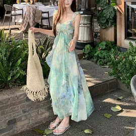 超仙甜美粉色纱裙女夏季气质蕾丝拼接吊带连衣裙收腰包臀鱼尾长裙