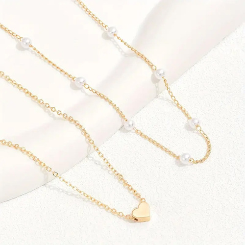 Cross-border Bestselling Imitation Pearl Chain Heart Pendant Double Layer Necklace for Women, Simple Elegance Multi-Layer Necklace Accessory Wholesale