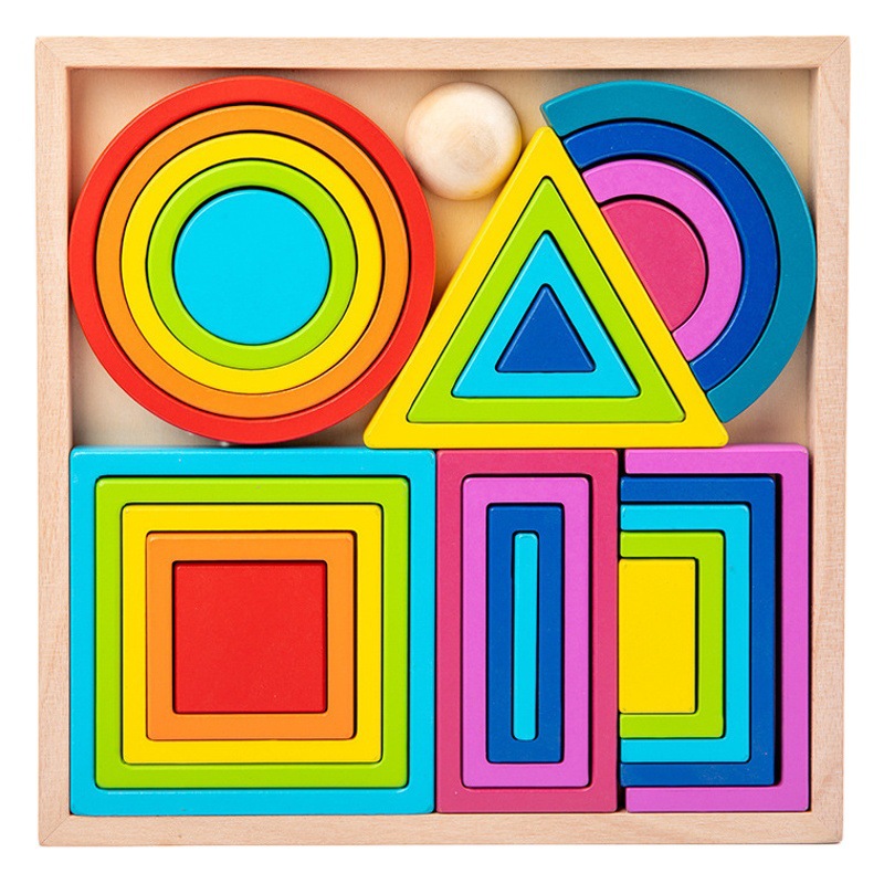 Rompecabezas de geometría de madera para niños, rompecabezas de educación temprana, juguetes para niños, bloques de construcción, arcoíris, bloques de construcción grandes, torres de pila de variedad