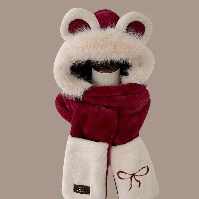 新款2024蝴蝶结保暖三件套冬季骑车防风围巾手套一体雷锋帽子女