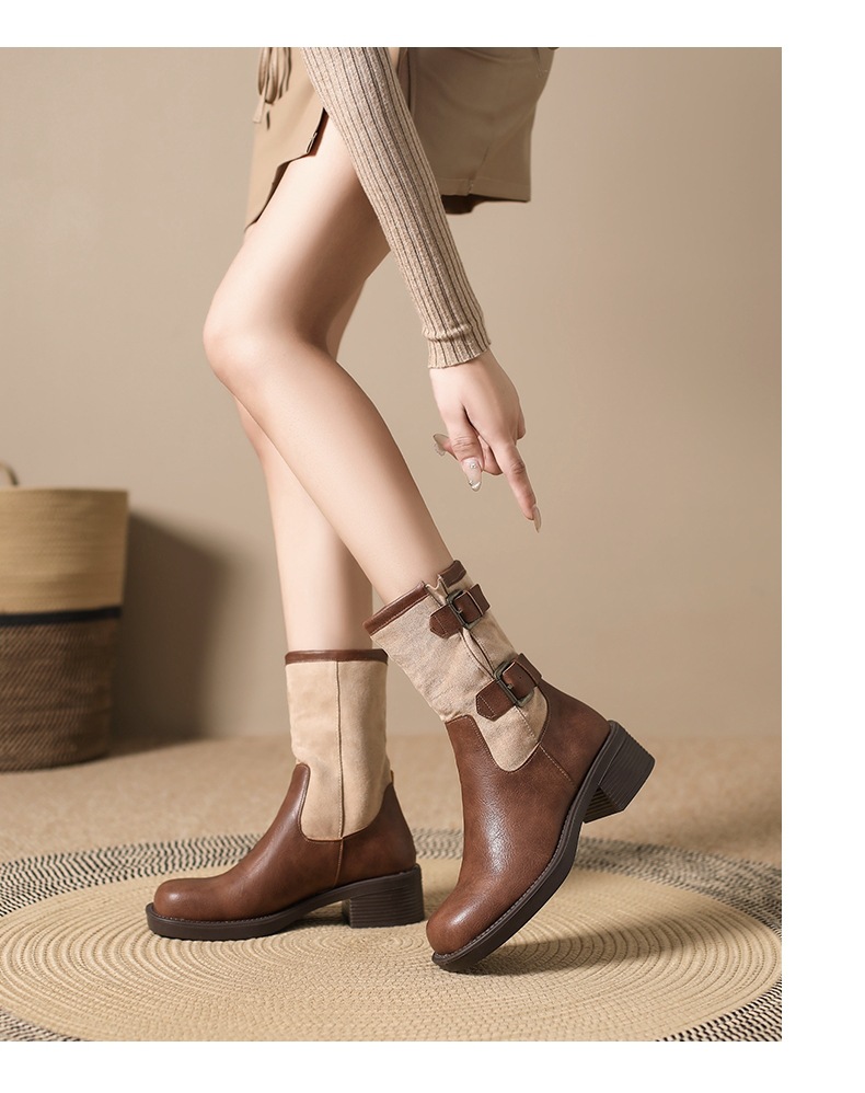 Vintage high-heeled booties Women's boots New fall/winter belt buckle mid-calf single boot chunky heel boots_voghion.com
