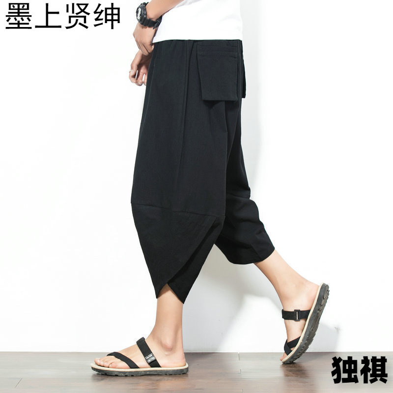 2024 pantalones cortos de lino de verano japonés para hombres, pantalones harem de pierna ancha de algodón y lino de gran tamaño casual de color sólido fábrica