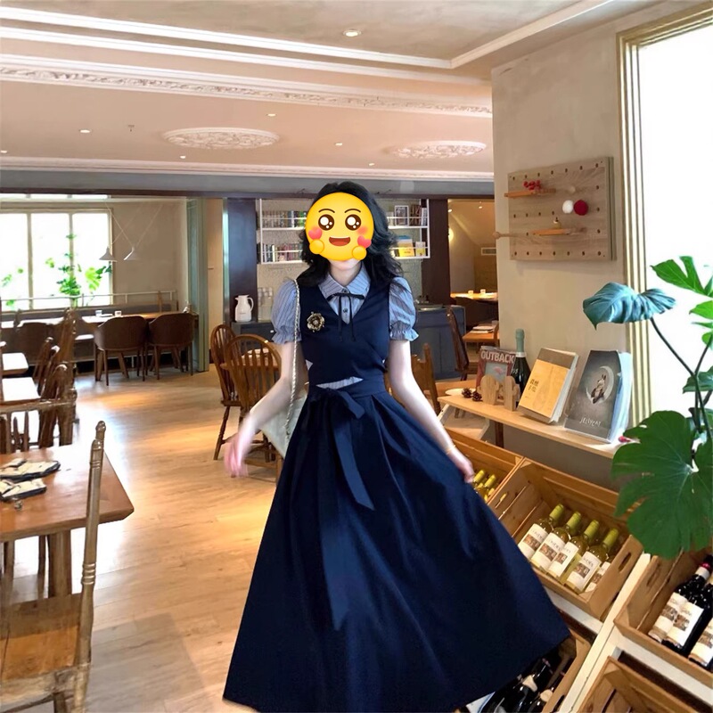 Dark Blue Scale-Patterned College-Style Patchwork Faux Two-Piece Waist-Cinching Youthful Long Dress with Polo Collar for Early Autumn