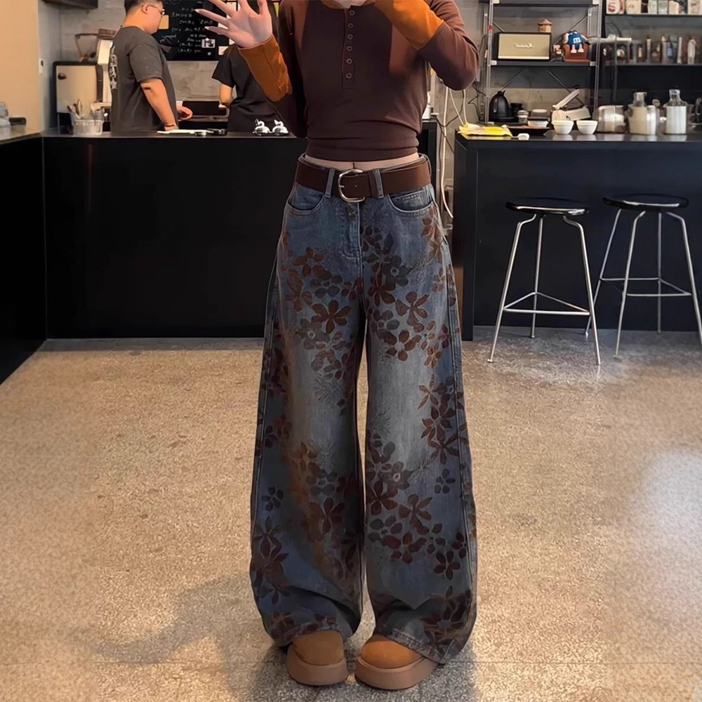 American Retro Jacquard Thickened Jeans for Women, Autumn and Winter New High-Waisted Straight Loose Wide-Leg Pants