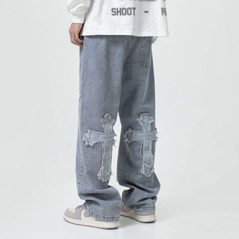 Guochao High Street Cross Padded Jeans Men's Trendy Brand Hip-Hop Ruffian Shuai Fried Street Straight Loose Wide-Leg Long Pants Guochao High Street Cross Padded Jeans Men's Trendy Brand Hip-Hop Ruffian Shuai Fried Street Straight Loose Wide-Leg Long Pants