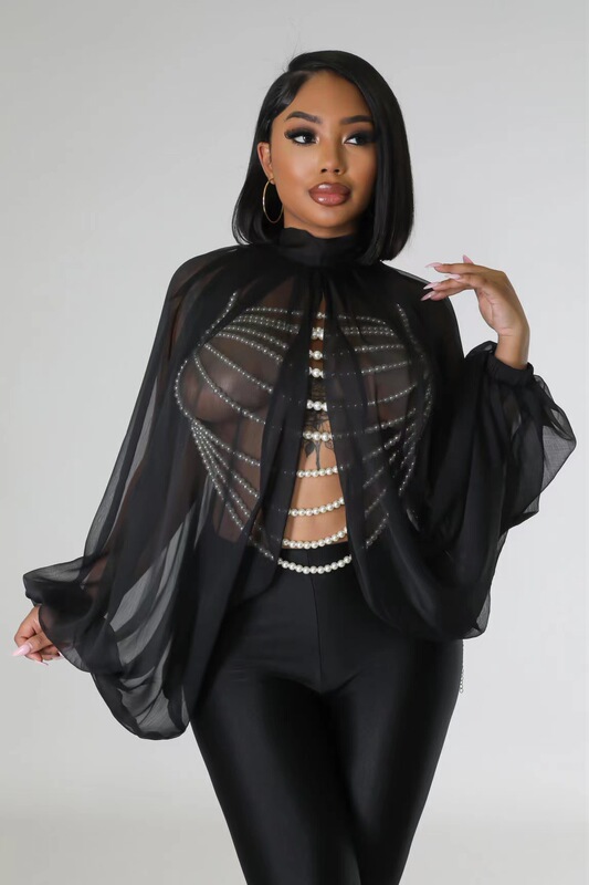 2023 spring and summer new European and American chiffon top women's clothing Amazon sexy loose translucent long sleeve solid color top