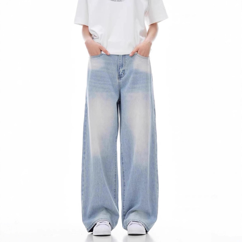 Light Blue Jeans All Seasons Thin Washed Straight Loose Wide-Leg American High Street Trendy Men's Wide-Leg Jeans