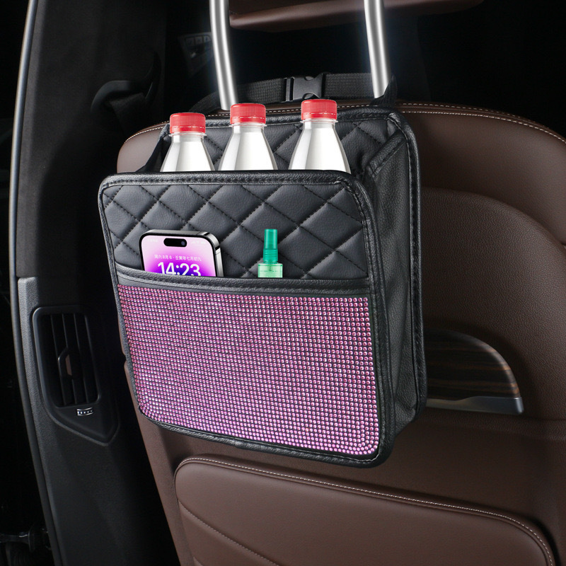 Bolsa de almacenamiento trasera de asiento de diamante de automóvil transfronterizo, bolsa colgante, caja de almacenamiento multifuncional, bolsa trasera de asiento de diamante montada en automóvil