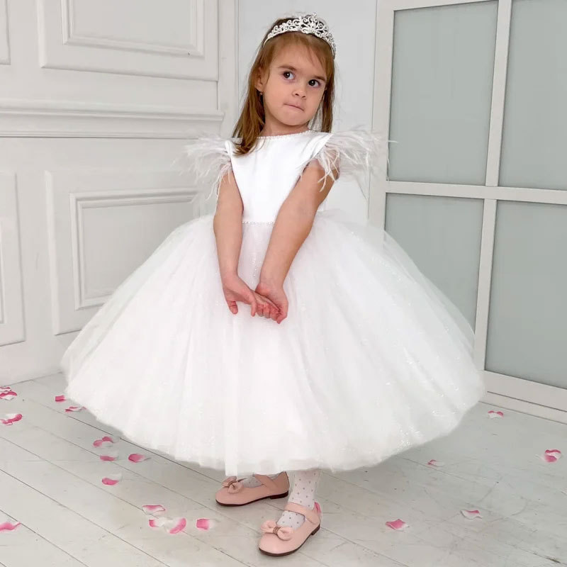 Abito da principessa per bambine Mother & Kids con maniche in tulle effetto piuma, costume da spettacolo, abito formale per bambina, abito da damigella d'onore._voghion.com