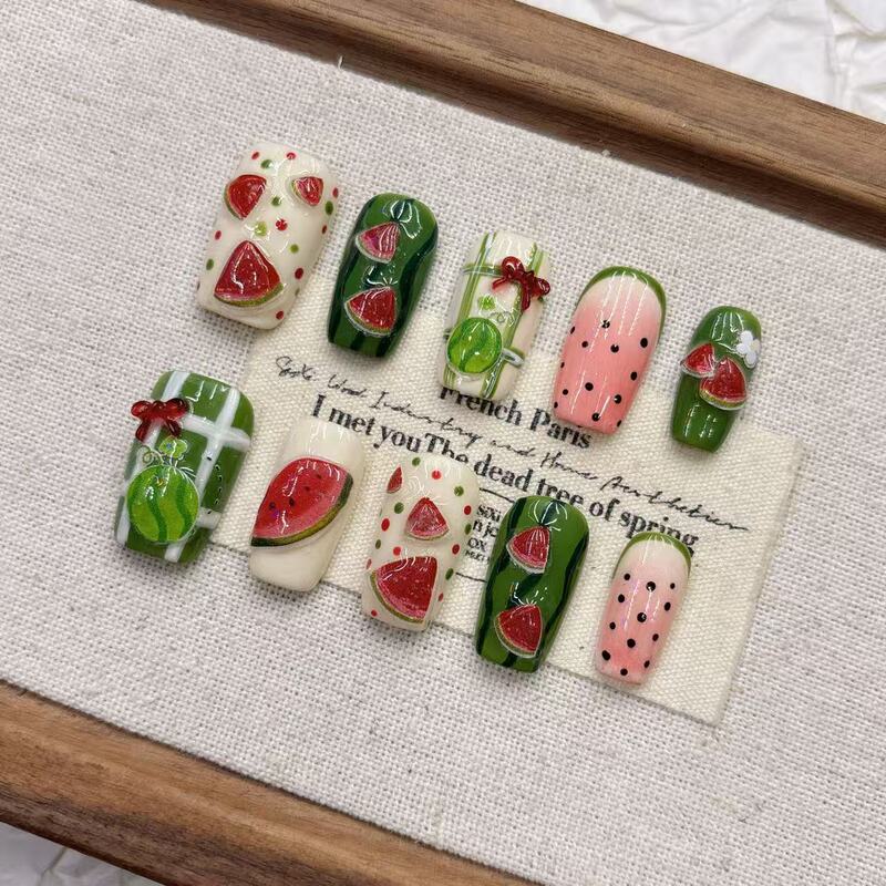 Summer Watermelon Cute Style Short Shaved Almond Handmade Manicure Boutique Classy Wholesale Handmade Wearable Manicure