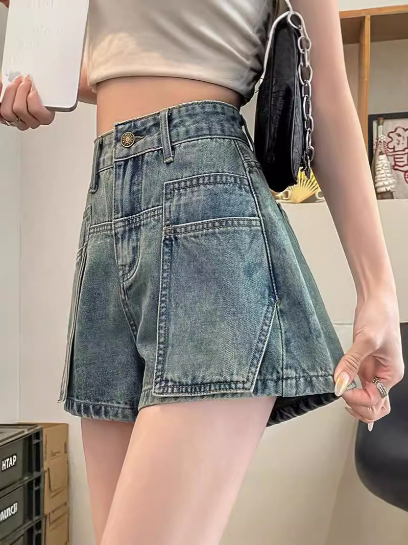 높은 허리 A 라인 버전 데님 반바지 여성 여름 얇은 배 모양의 바디 착용 슬리밍 스파이스 소녀 작업복 넓은 다리 바지