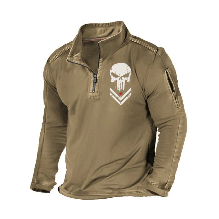 Primavera y otoño Comercio exterior más tamaño de los hombres al aire libre bolsillo con cremallera media cremallera cuello táctico de manga larga Camiseta suéter casual