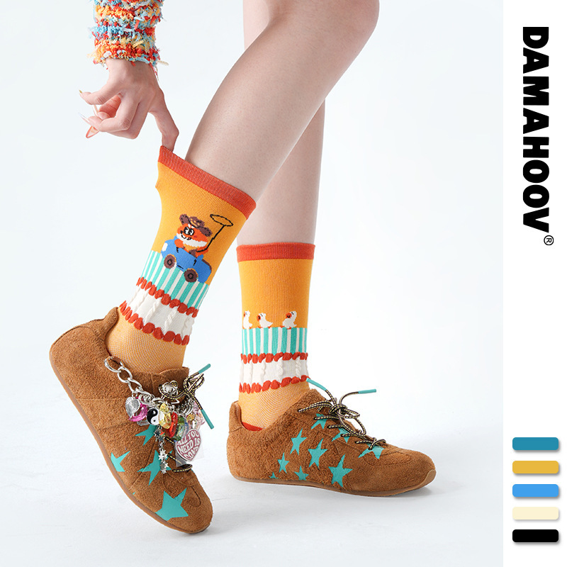 Brand Fashion Cartoon Cute Mid-tube Socks Female Bubble Rakou Fox Series Spring and Summer Fashionable Illustration Socks for Men