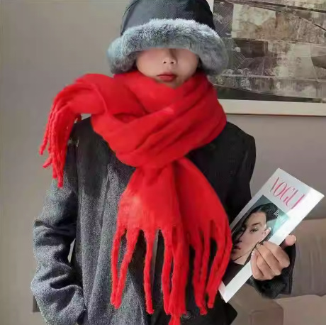 新作秋冬モヘアスカーフ レディース 韓国風 厚手 暖かい 多用途 チェック柄 ネックウォーマー ニット フリンジ付き 学生スカーフ