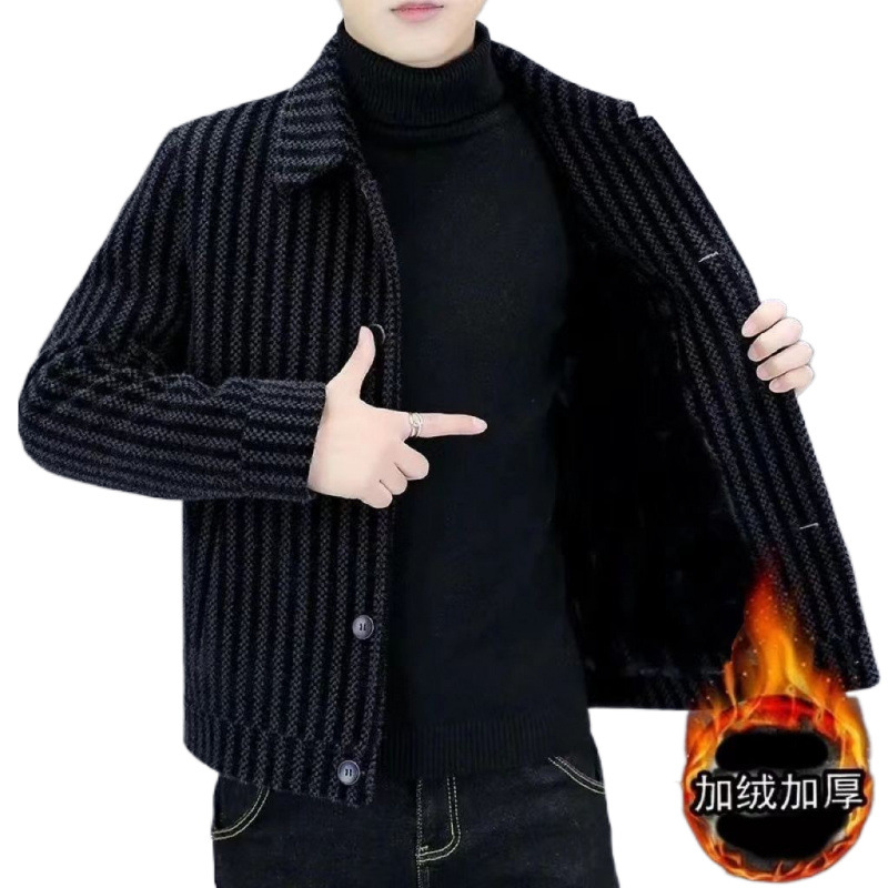 가을과 겨울 새로운 남자 코트 하이 엔드 올 매치 기모 두꺼운 줄무늬 모직 코트 옷깃 캐주얼 재킷 따뜻한