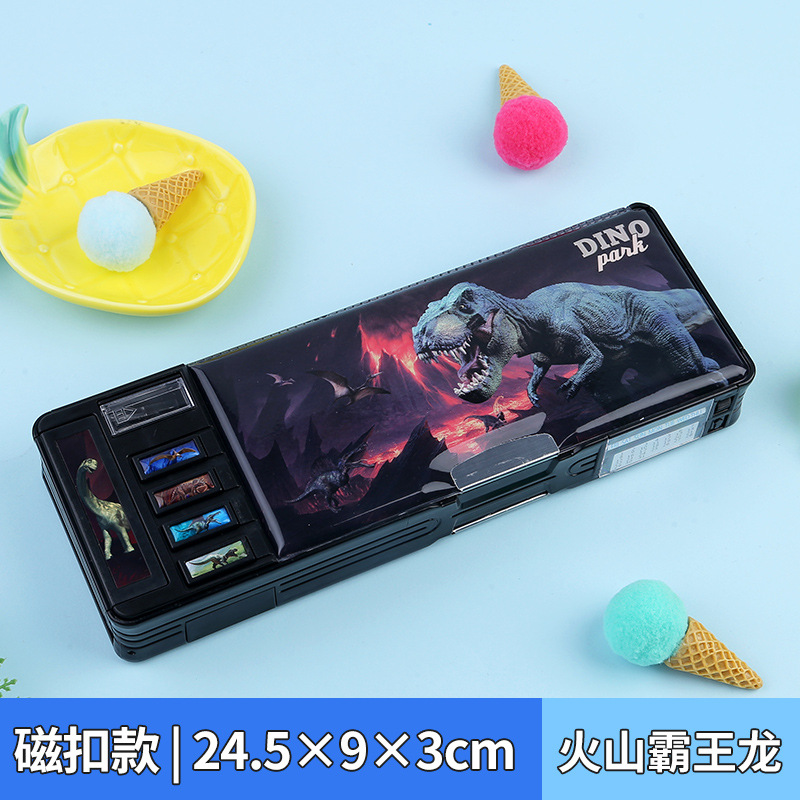 Caja de papelería con bloqueo de contraseña, botón multifunción, caja de lápices de gran capacidad de doble cara, dinosaurio, escuela primaria, niño, niña, jardín de infancia