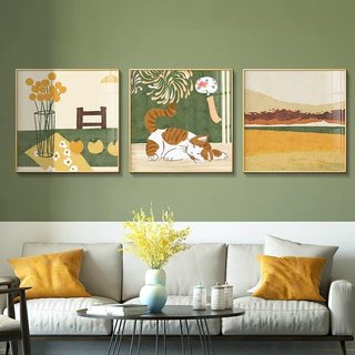 简约北欧小清新文艺猫咪绿色风景油画客厅装饰画卧室餐厅摆台画心