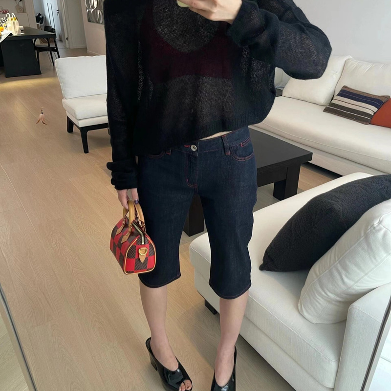 National Tide rarelly Red Stitch Cropped Jeans Female Capri 01 Retro Primary Color Contrast Straight Shorts Summer