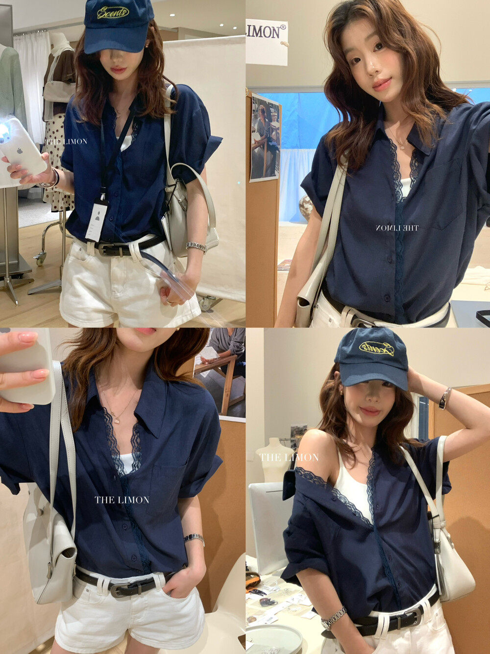 Áo sơ mi tay ngắn nữ phối ren viền cổ, dáng rộng mùa xuân hè — màu trắng, Xanh da trờicolor chi tiết 31