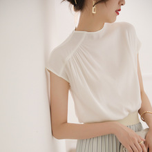 白色真丝短袖上衣女设计感小众轻熟法式高级感复古气质桑蚕丝衬衫