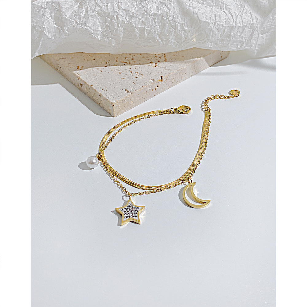 Sweet Star Moon Stainless Steel Artificial Pearl Bracelets Layered Zircon Stainless Steel Bracelets