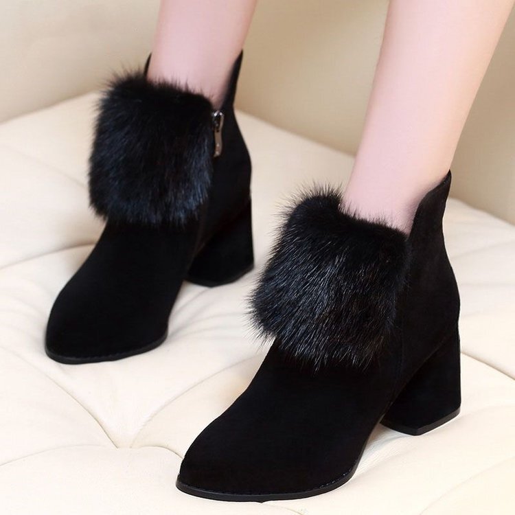 2025 New Thick-Heeled High-Heeled Shoes for Women in Autumn and Winter Suede Leather Shoes Frosted Short Boots Fleece-Lined Cotton Soft-Soled Women's Shoes
