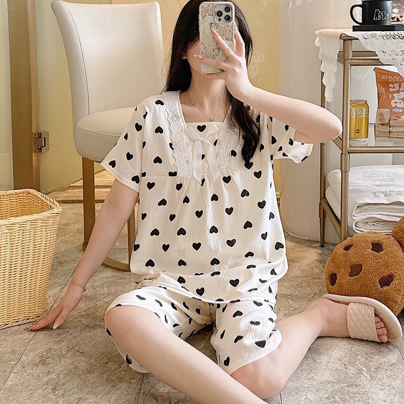 Pijamas transfronterizos al por mayor para mujer verano nube de algodón con cuello en V encaje de encaje de manga corta pantalones cortos de dos piezas servicio a domicilio informal