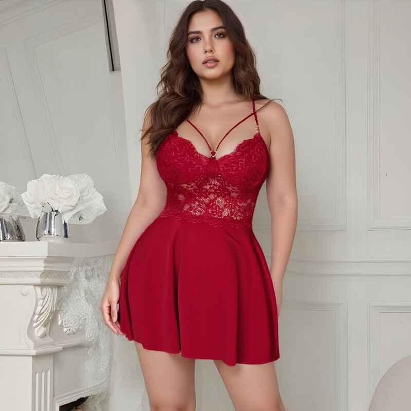 Cross-Border Export Amazon Aliexpress Sexy Suspender Skirt Spliced Lace V-Neck Red Nightgown Summer Women's Pajamas