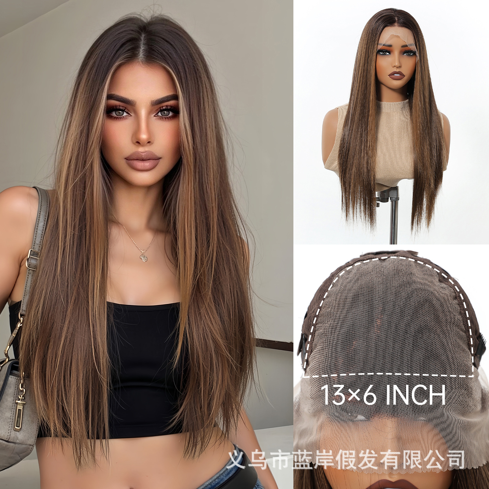 Peluca de encaje degradado de estilo europeo y americano 13*6 área grande con costura libre, pelo largo y liso, gancho de mano transpirable, gorras de malla, cubierta completa