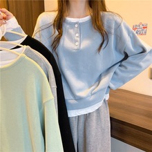 跨境外贸假两件卫衣女春秋薄款新款宽松韩版设计感小众上衣