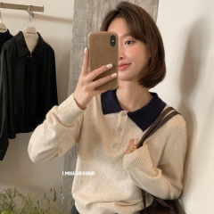 imiss2025秋季新款韩系设计感撞色翻领长袖针织衫女打底显瘦毛衣