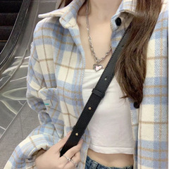 蓝色格子衬衫磨毛上衣外穿女2025新款秋款复古设计感小众衬衣外套