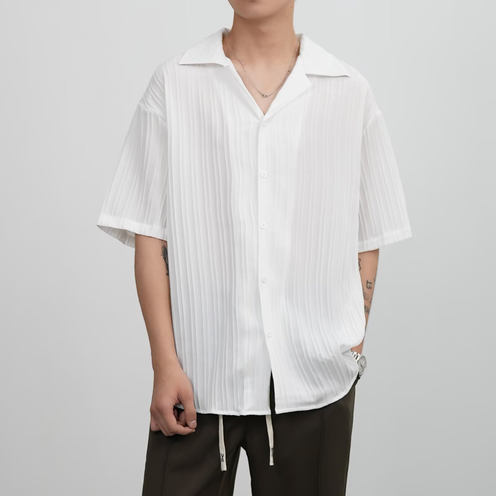 Herren Kurzarm Freizeithemd Mit Textur In Schwarz Weiss_voghion.com