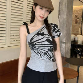 莫代尔棉流行美式复古风斜肩露肩甜辣风短款短袖t恤女小心机上衣
