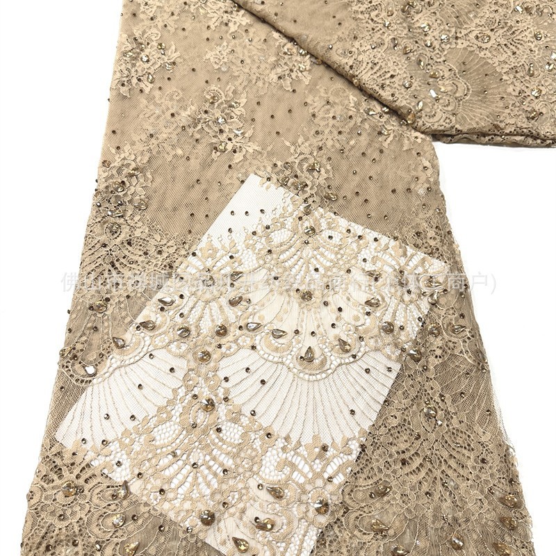 Tejido de encaje retro francés bordado rosa claro tela de malla de perlas de clavos vestido de boda