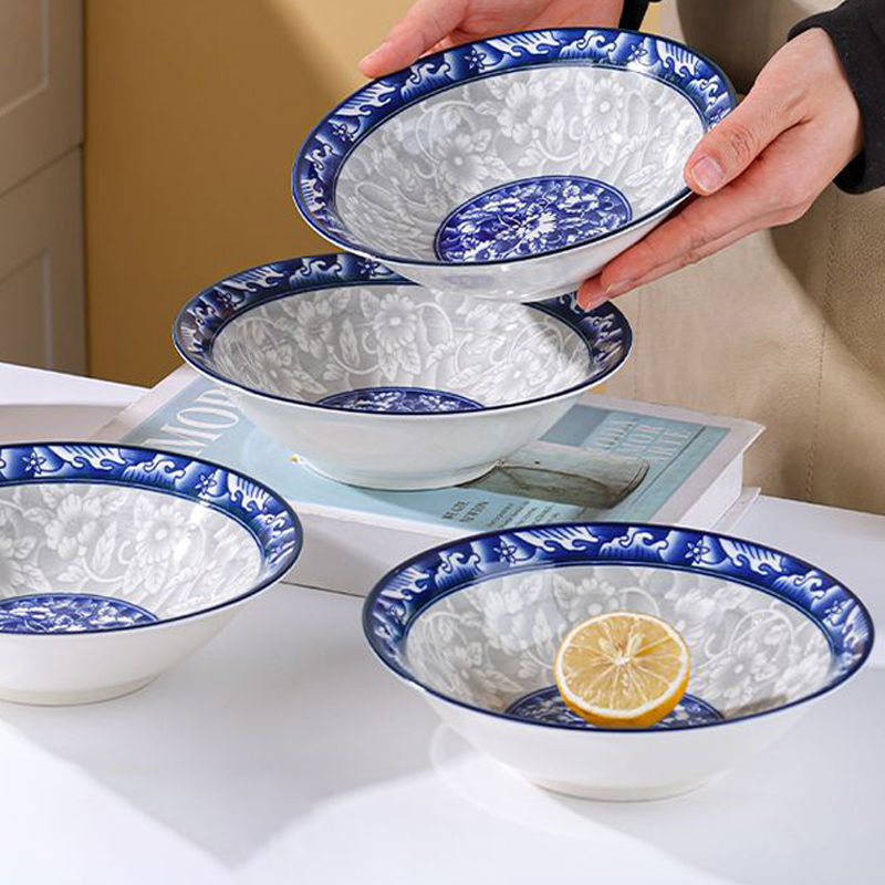 Blue and White Porcelain Bowl, Soup Bowl, Noodle Bowl, Household Eating Bowl, Large Soup Bowl, Eating Bowl, High-Looking Ceramic Bowl, Tableware, Instant Noodle Bowl